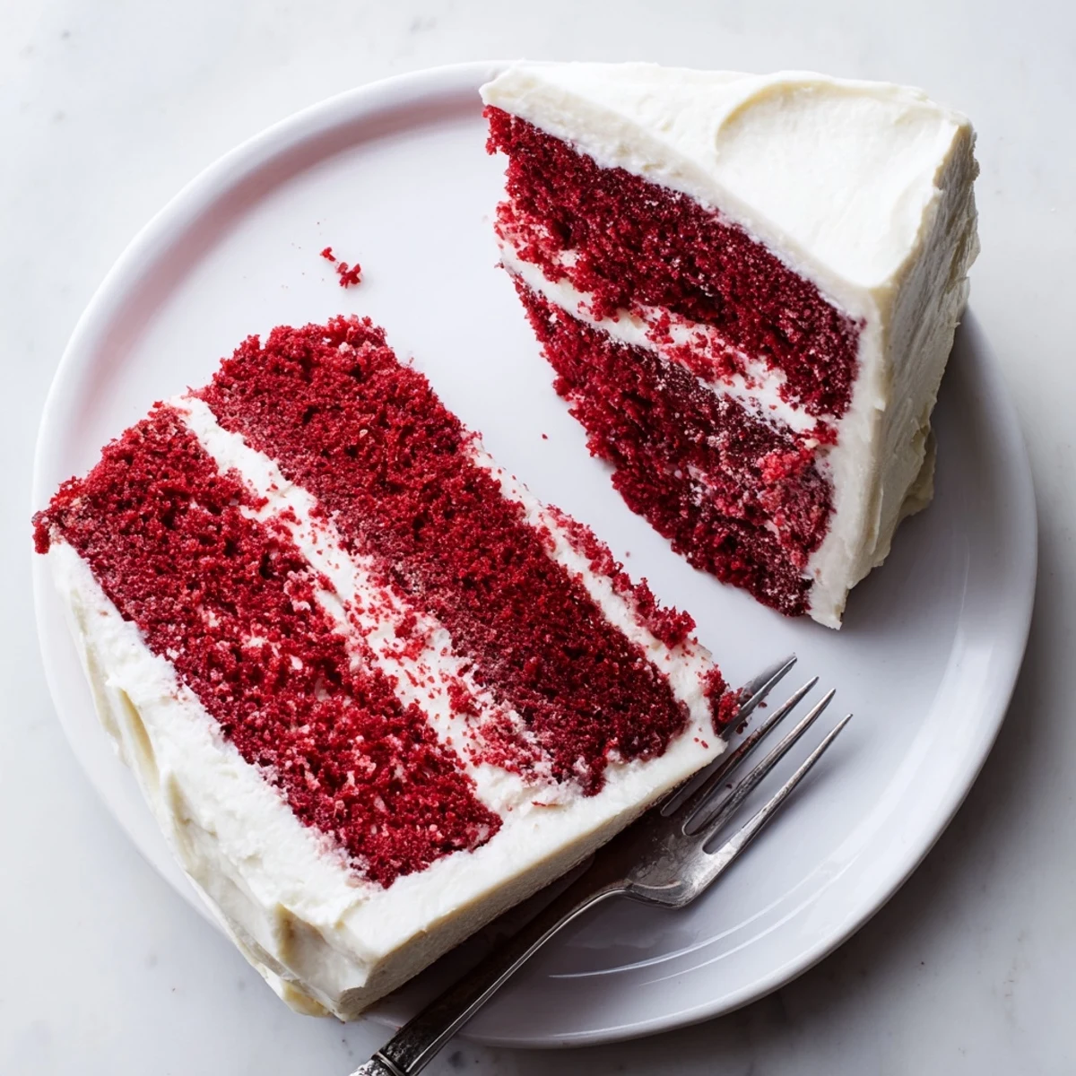 Layered red velvet cake on white plate with generous cream cheese frosting and fresh berry garnish