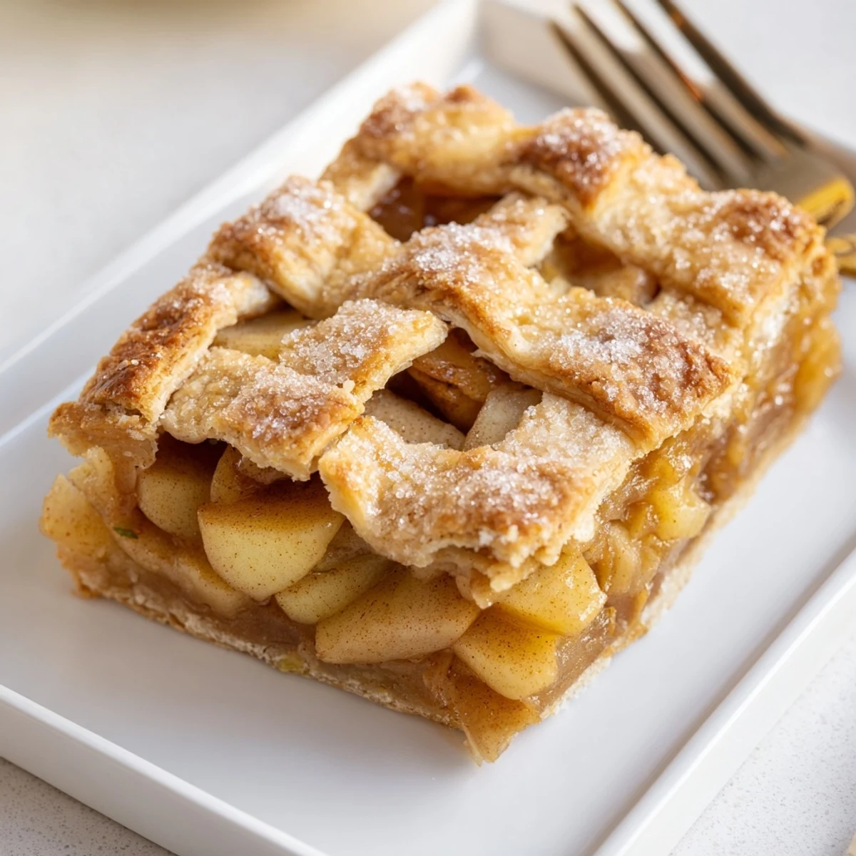Rectangular apple slab pie featuring bubbling cinnamon fruit beneath a sugar-sprinkled golden pastry topping