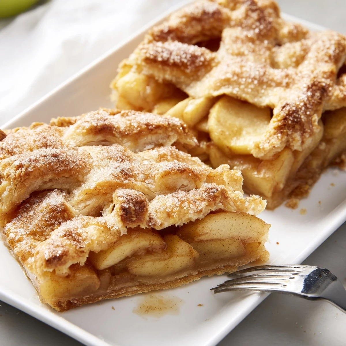 Crowd-pleasing apple slab pie sliced into squares with juicy spiced apple layers and flaky crust