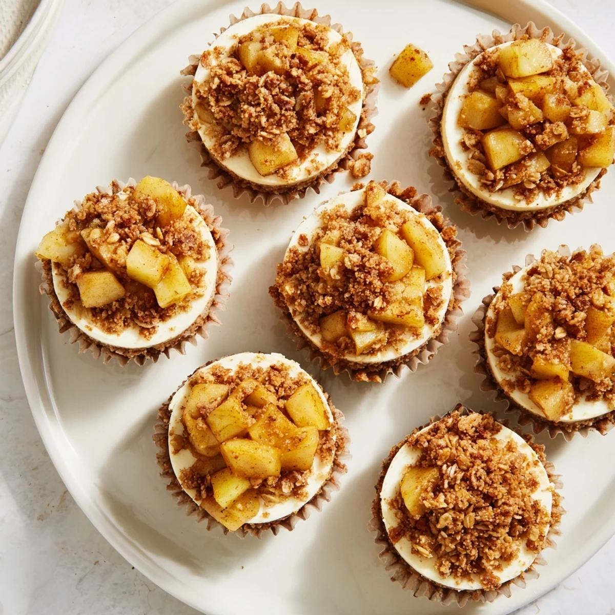 Golden brown apple crisp mini cheesecakes topped with warm cinnamon spiced apples and crunchy oat crumble