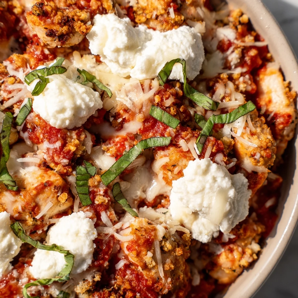 Golden brown chicken breast pieces nestled in marinara sauce topped with melted mozzarella and parmesan cheese