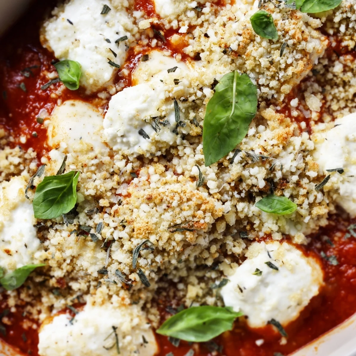 High protein chicken parmesan cottage cheese bowl with crispy panko breadcrumbs and fresh basil garnish