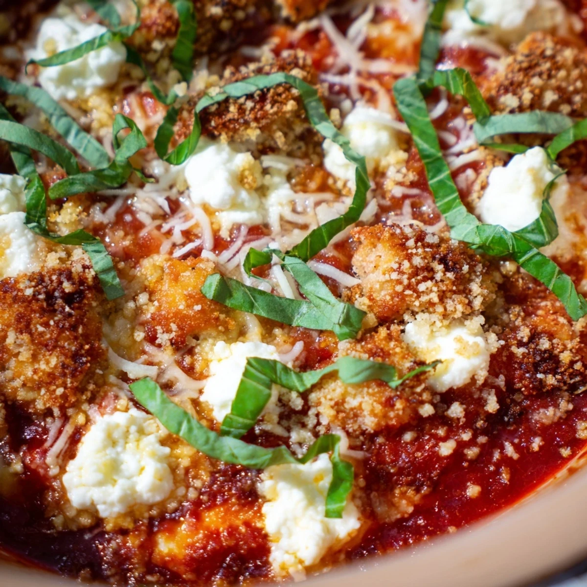 Bubbling cheese covered chicken parm bowl featuring cottage cheese base and toasted breadcrumb topping