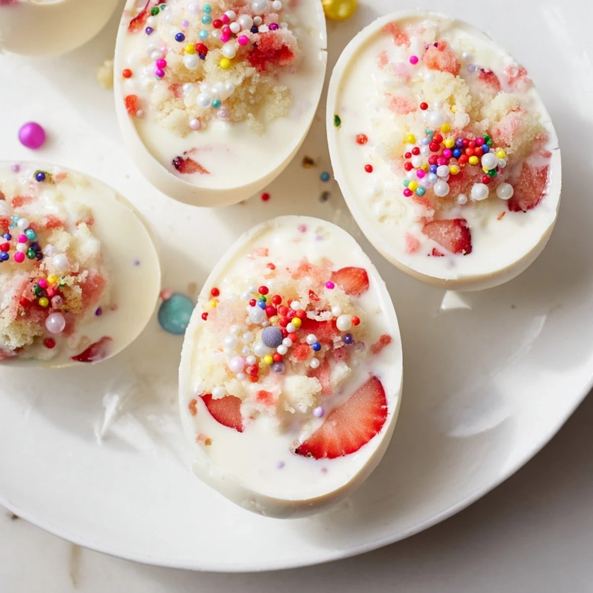 White chocolate Easter egg bombs filled with fluffy strawberry shortcake mixture and colorful sprinkles