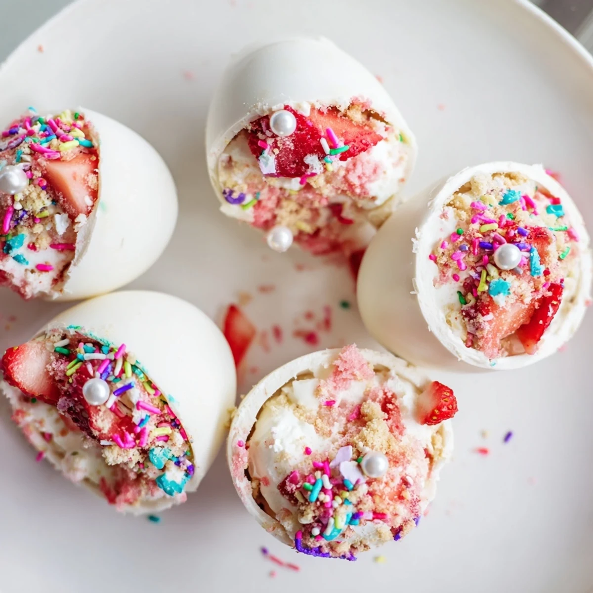 Creamy strawberry shortcake filling inside pastel white chocolate egg shells for spring dessert