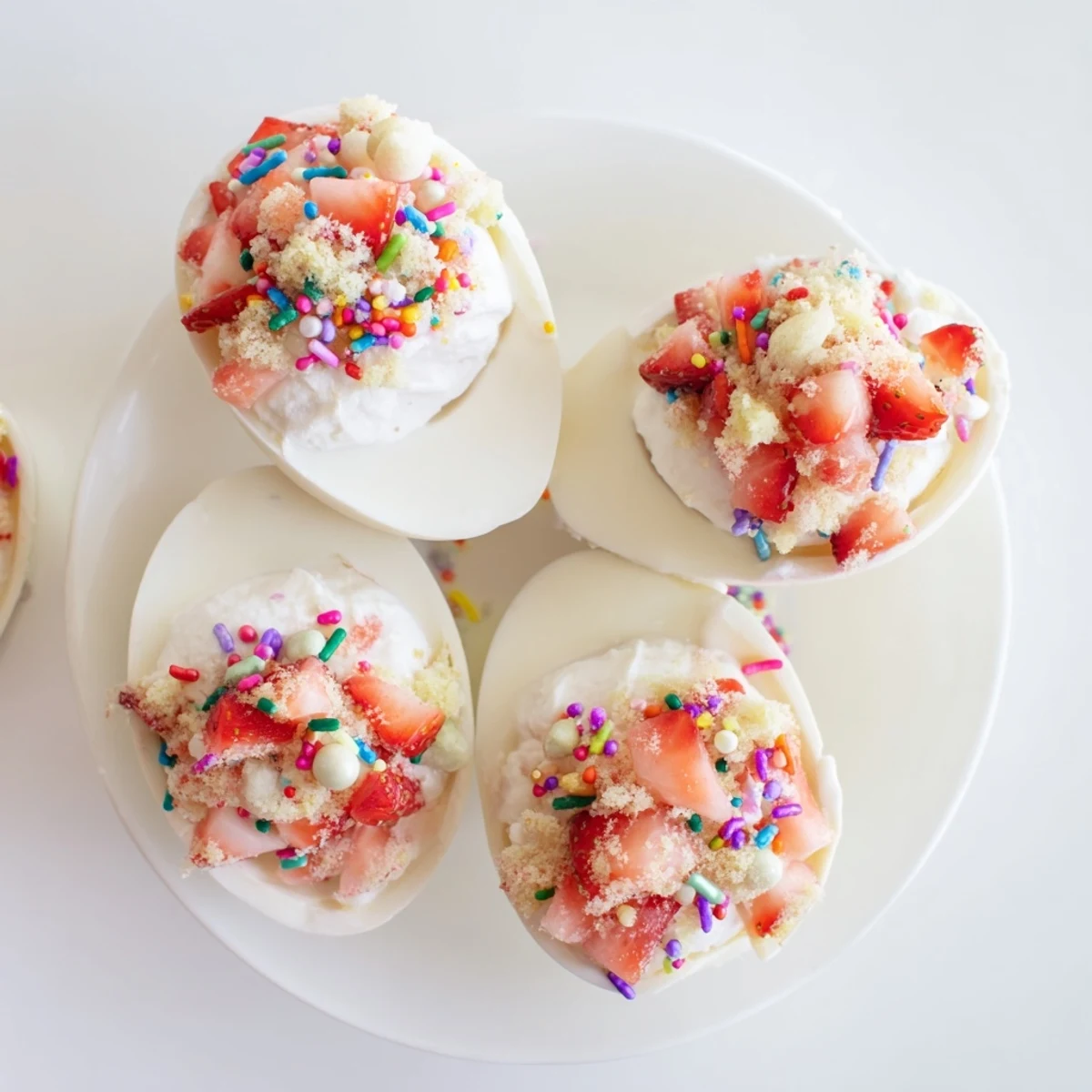 Festive strawberry shortcake Easter egg bombs decorated with edible pearls and gold leaf accents