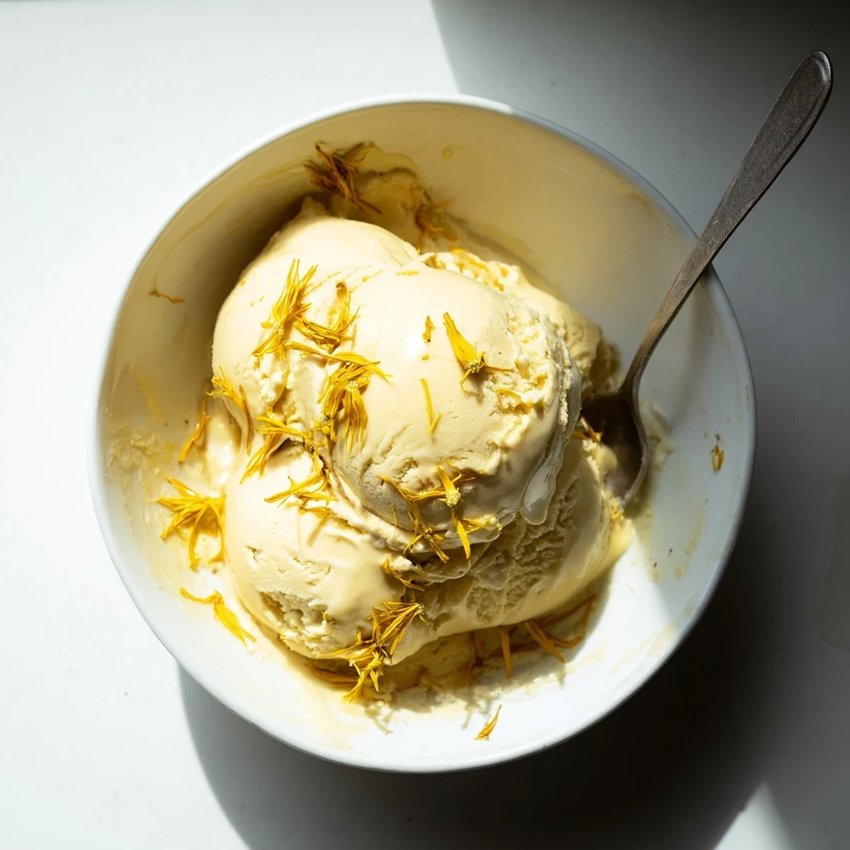 Creamy scoops of dandelion honey ice cream topped with golden petals in a chilled bowl
