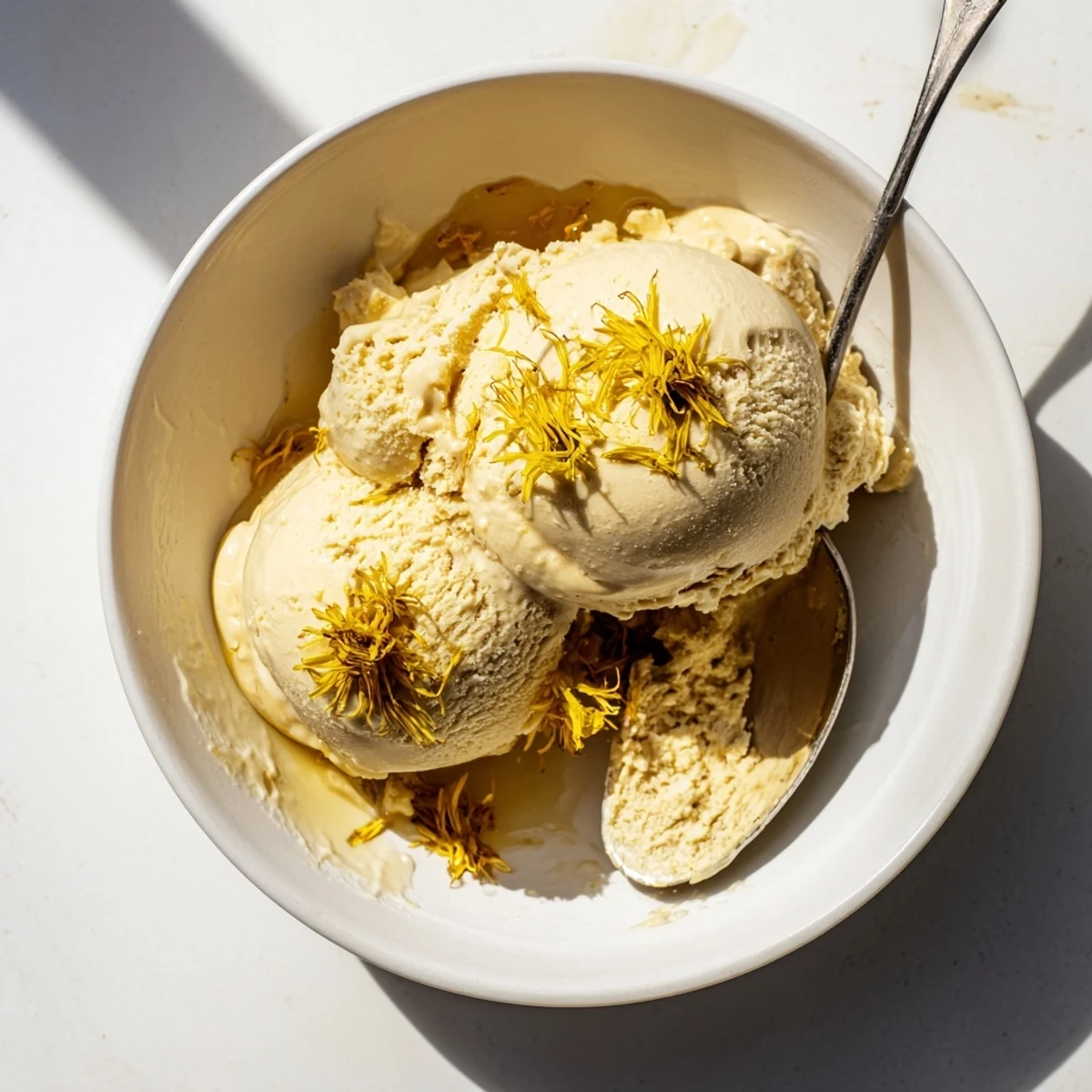 Velvety floral dandelion honey ice cream served with honey drizzle on a summer afternoon