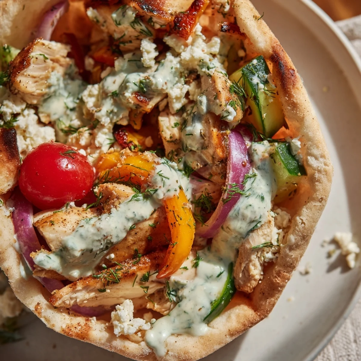 Golden sheet pan chicken pitas stuffed with roasted vegetables and drizzled with herby ranch sauce