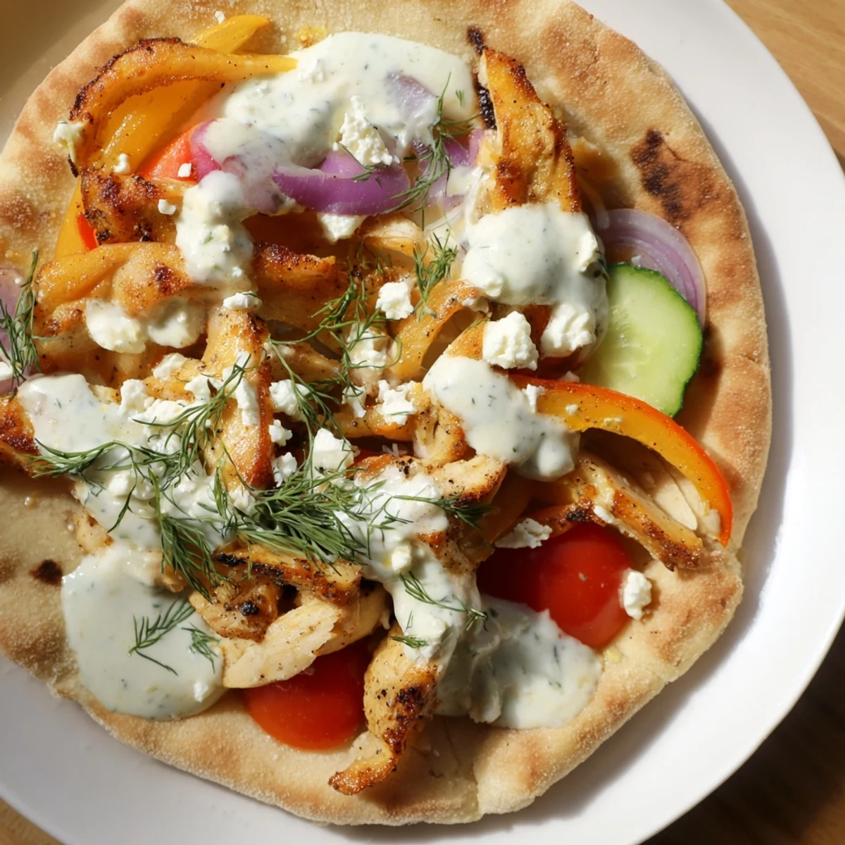 Warm pita bread overflowing with seasoned chicken strips and colorful roasted bell peppers