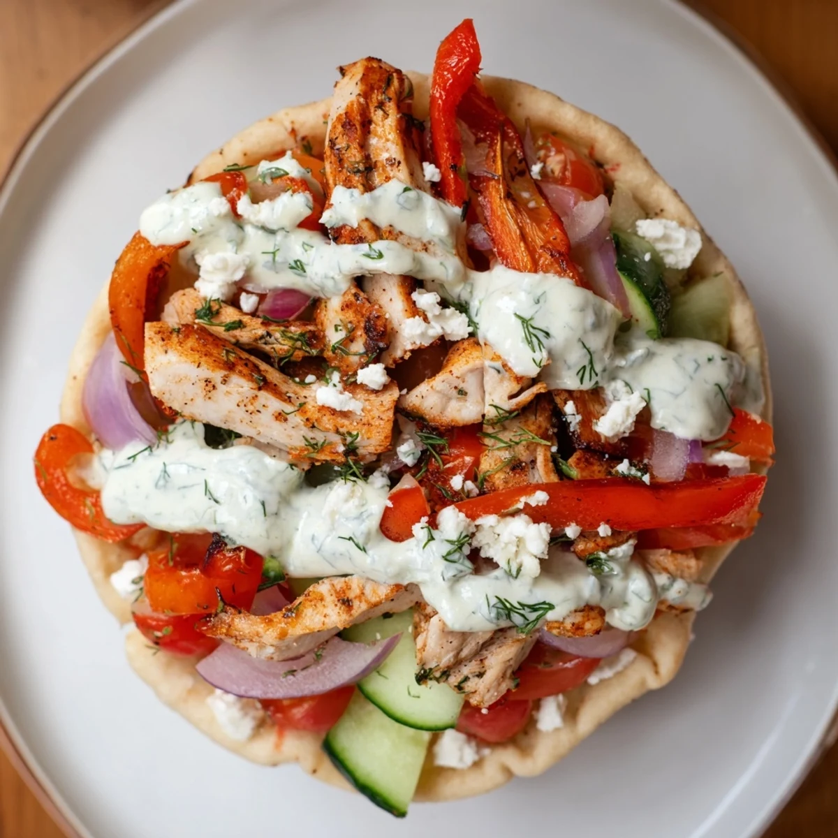 Mediterranean-style chicken and vegetable pitas topped with creamy homemade herb ranch dressing