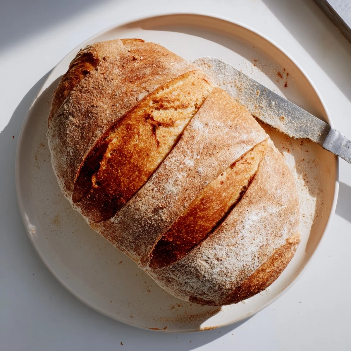 Golden brown crusty Italian bread loaf with a deeply scored top on a wooden board