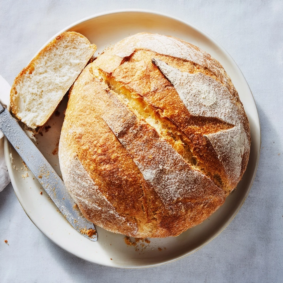 Freshly baked crusty Italian bread broken open to reveal the soft chewy interior crumb