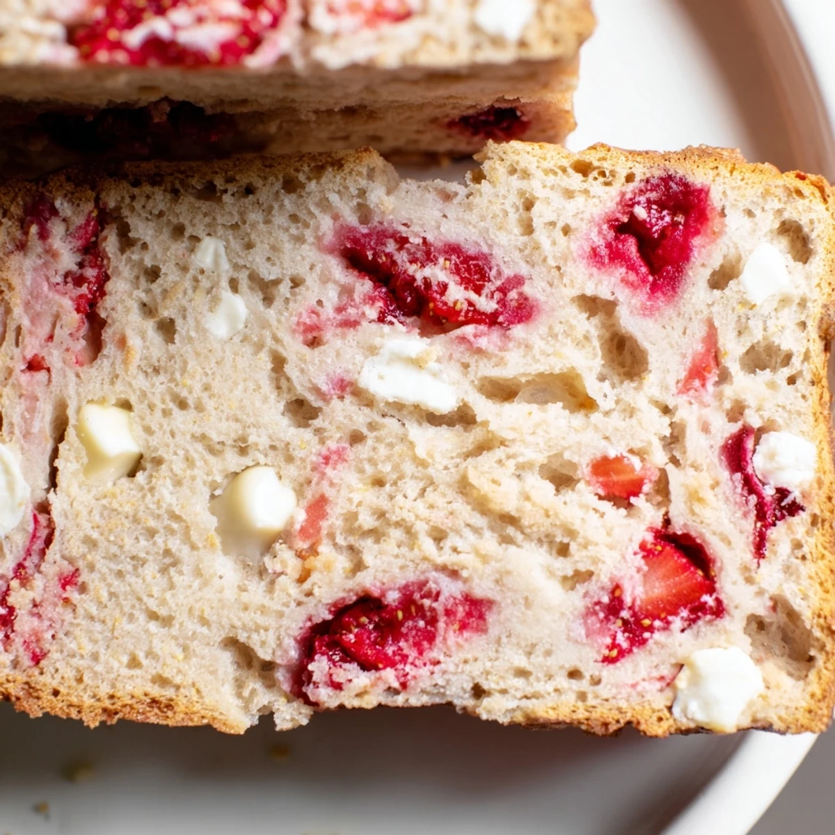 Golden sourdough white chocolate chips strawberry bread loaf fresh from the oven