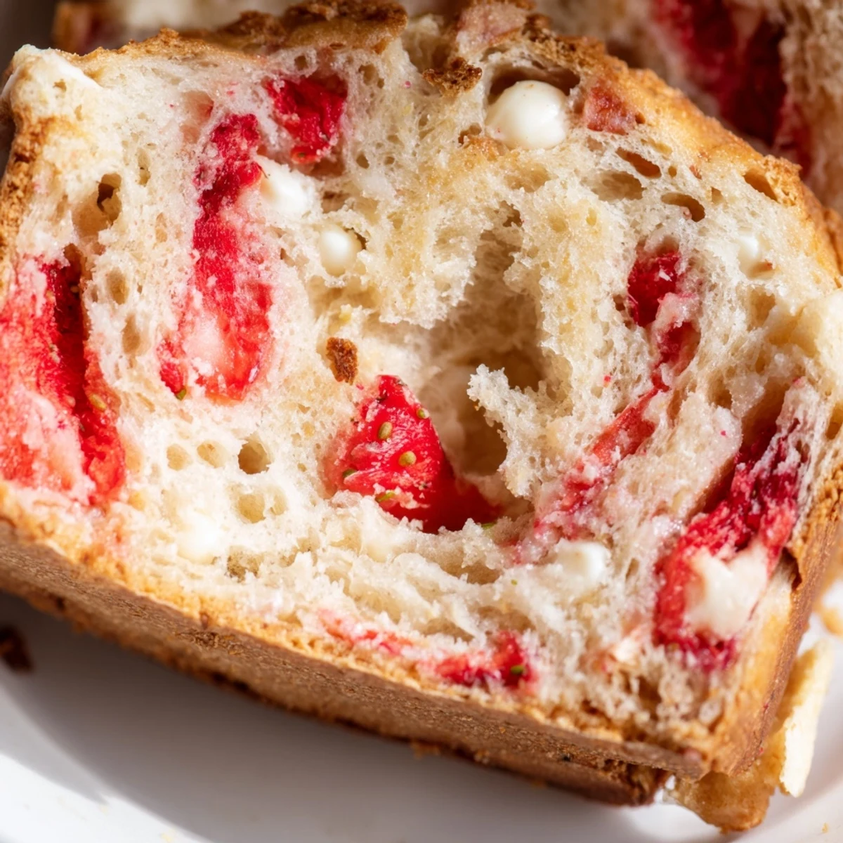 Tangy sourdough white chocolate chips strawberry bread served on a wooden board
