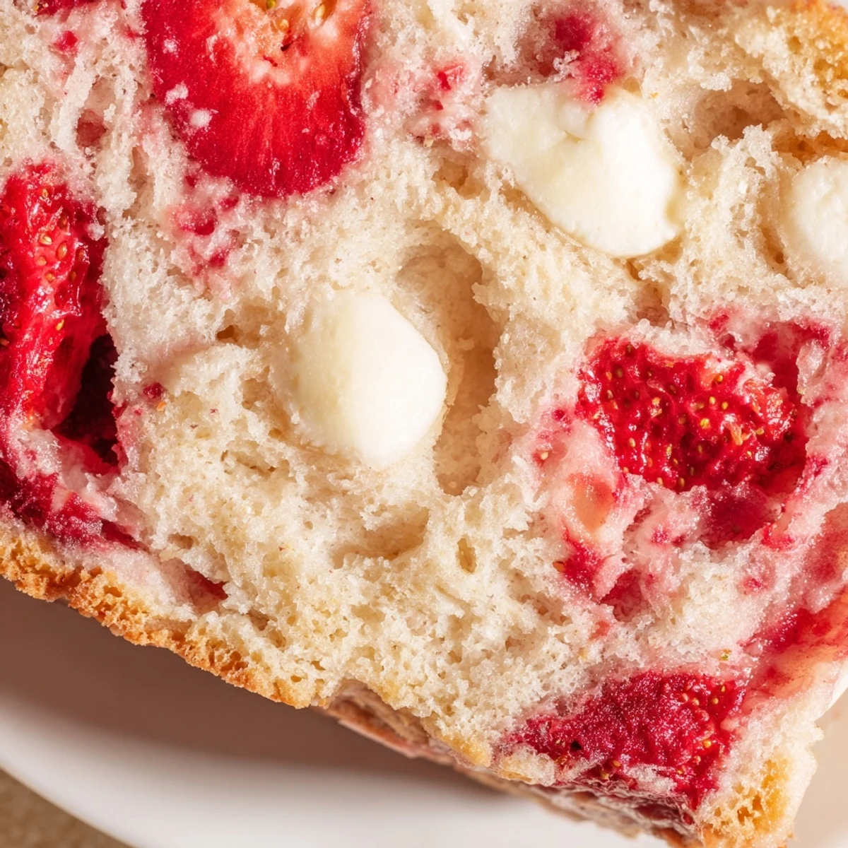 Thick slice of strawberry sourdough bread topped with melted white chocolate chips