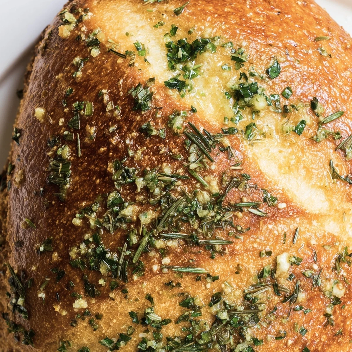 Rustic round loaf of Garlic Herb Dutch Oven Bread brushed with melted butter and parsley