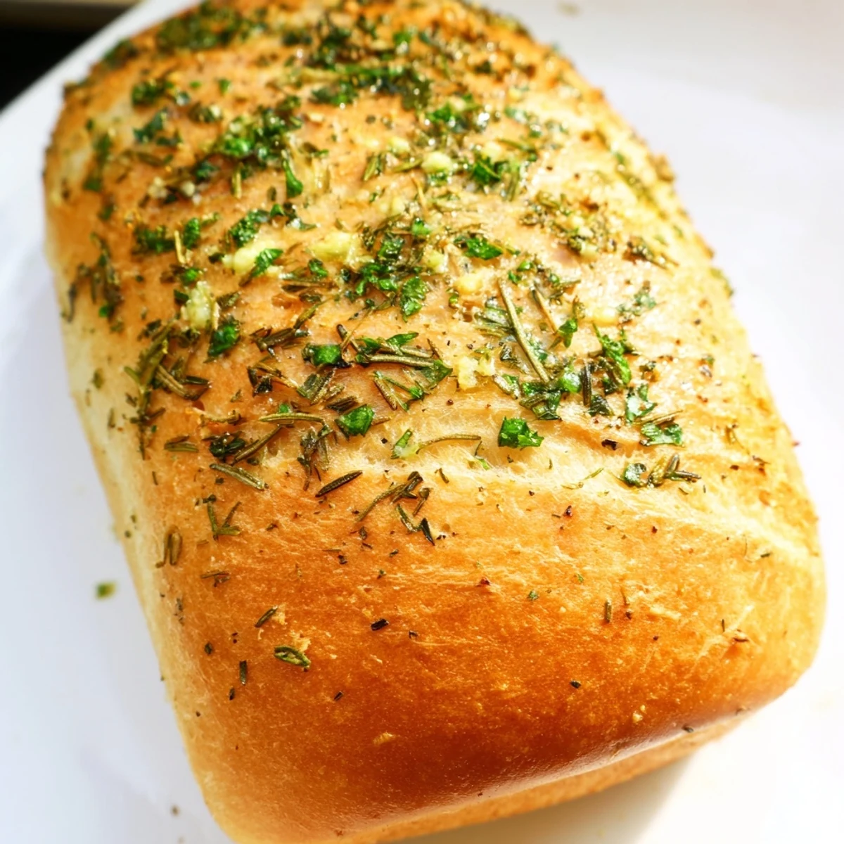 Freshly baked Garlic Herb Dutch Oven Bread scored on top featuring golden crust and aromatic herbs