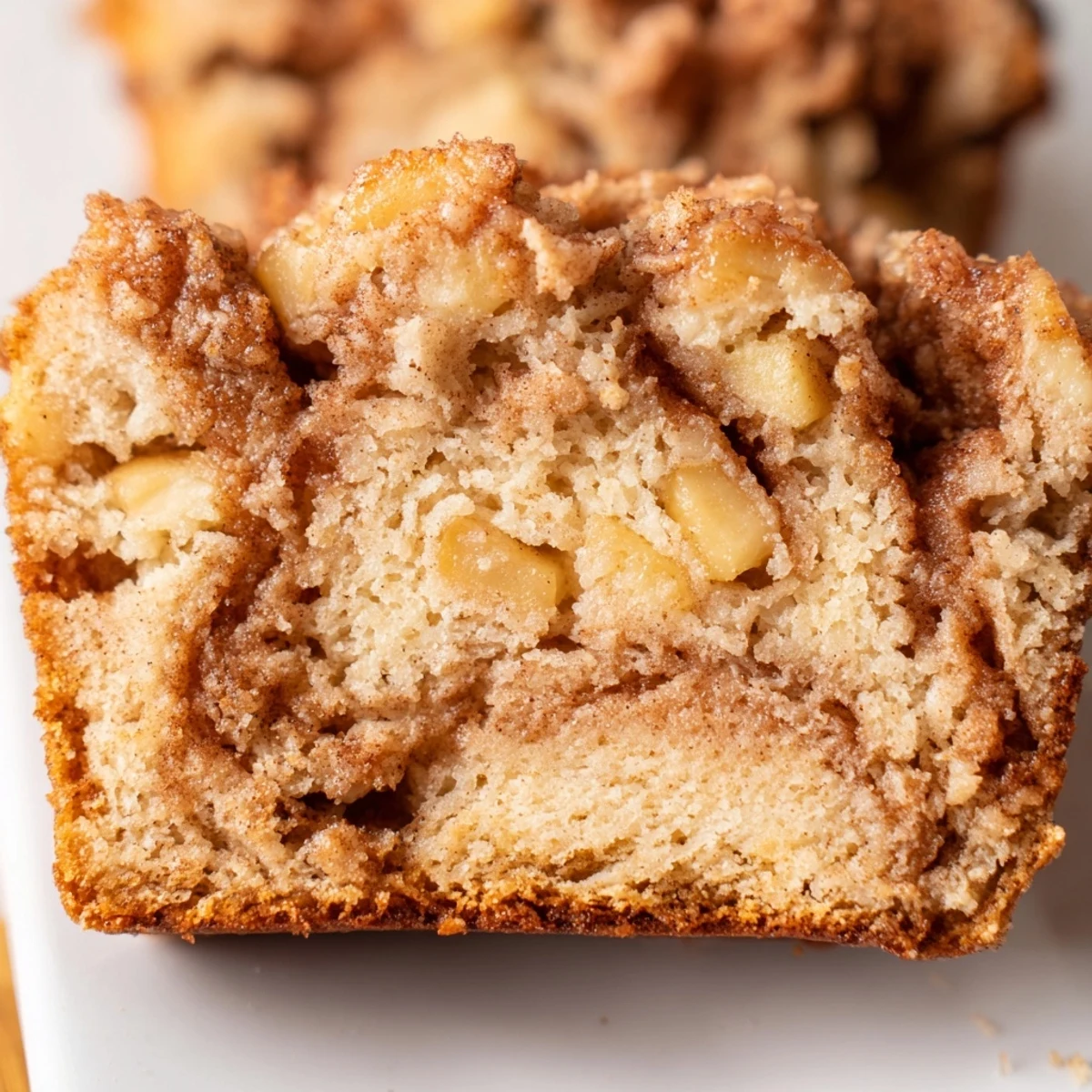 Golden cinnamon apple bread loaf with swirled sugar topping and tender diced apple pieces
