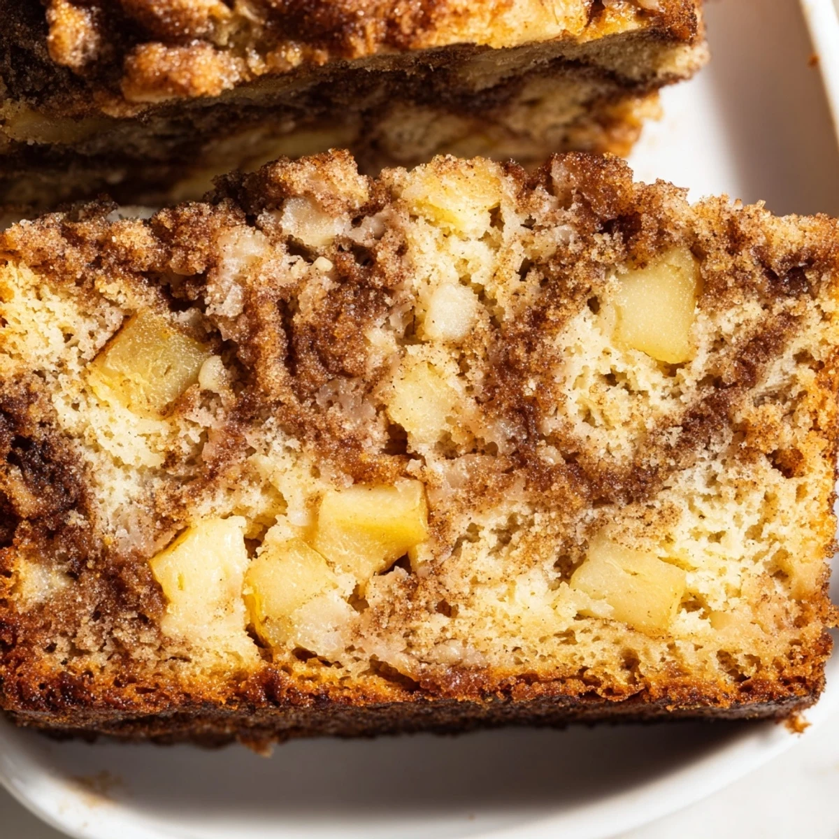 Warm freshly baked cinnamon apple bread on wooden board with golden brown crust and sugar crumble