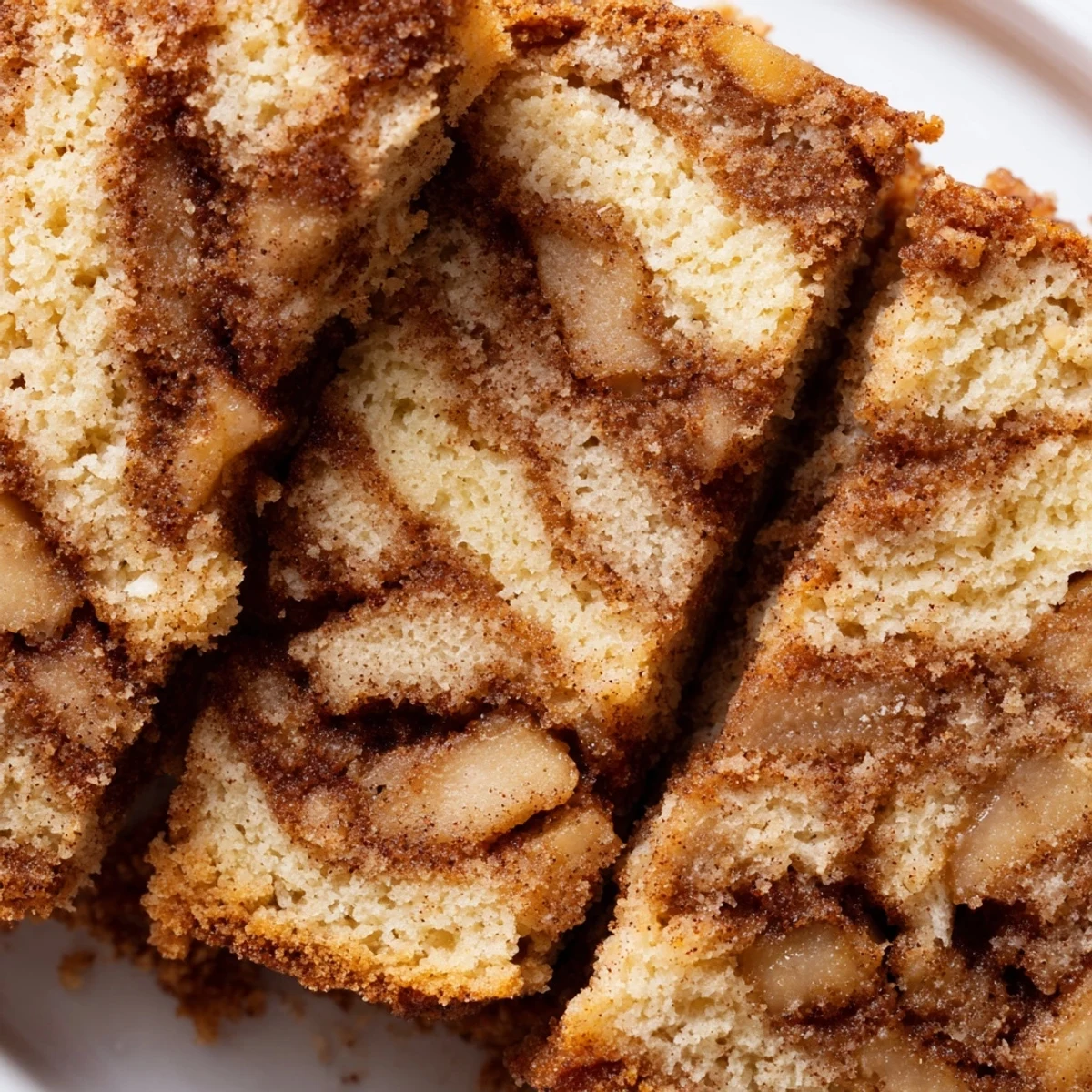 Moist homemade cinnamon apple bread slice revealing soft texture and fragrant spice swirl inside