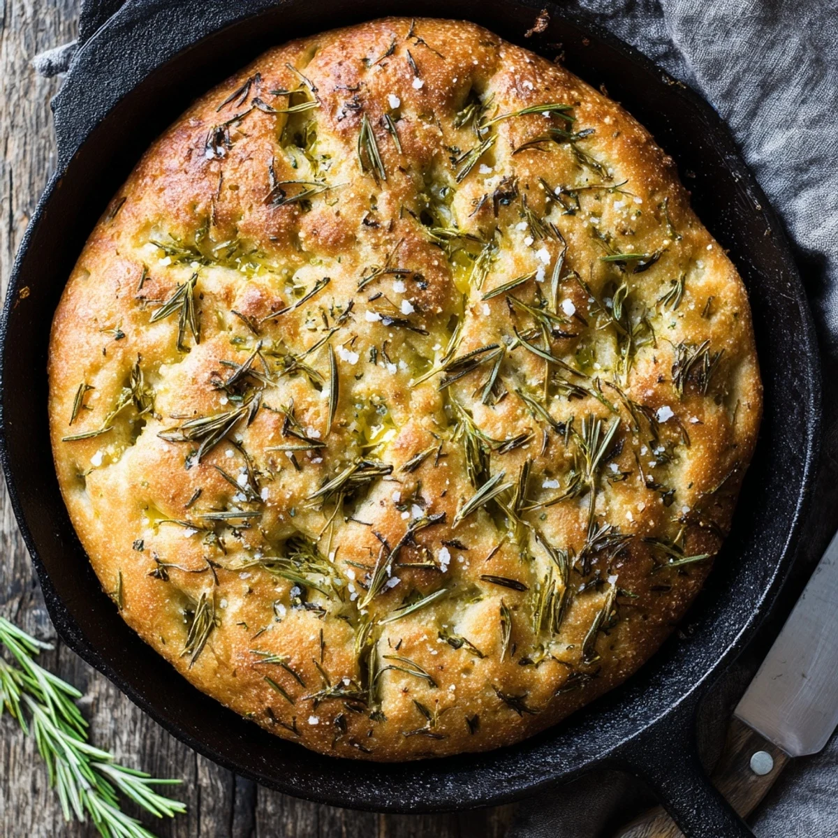 Golden rustic garlic rosemary skillet bread with flaky sea salt on a wooden board