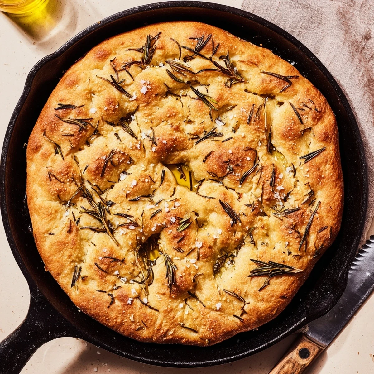 Warm skillet bread displaying chewy crumb infused with roasted garlic and fresh rosemary