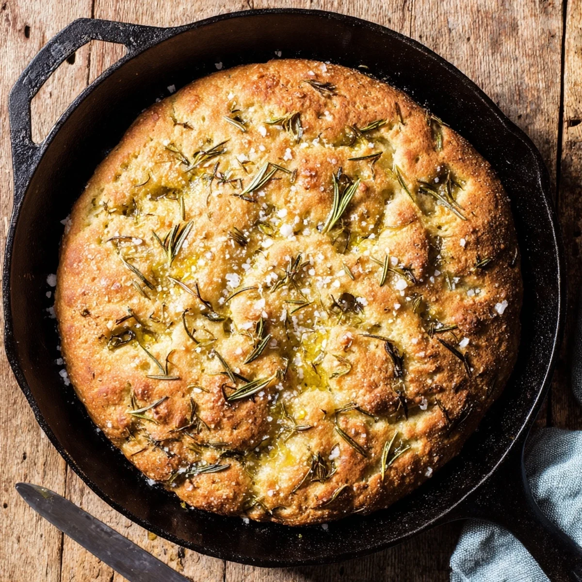 Freshly baked rosemary garlic bread in cast iron skillet perfect for dipping olive oil