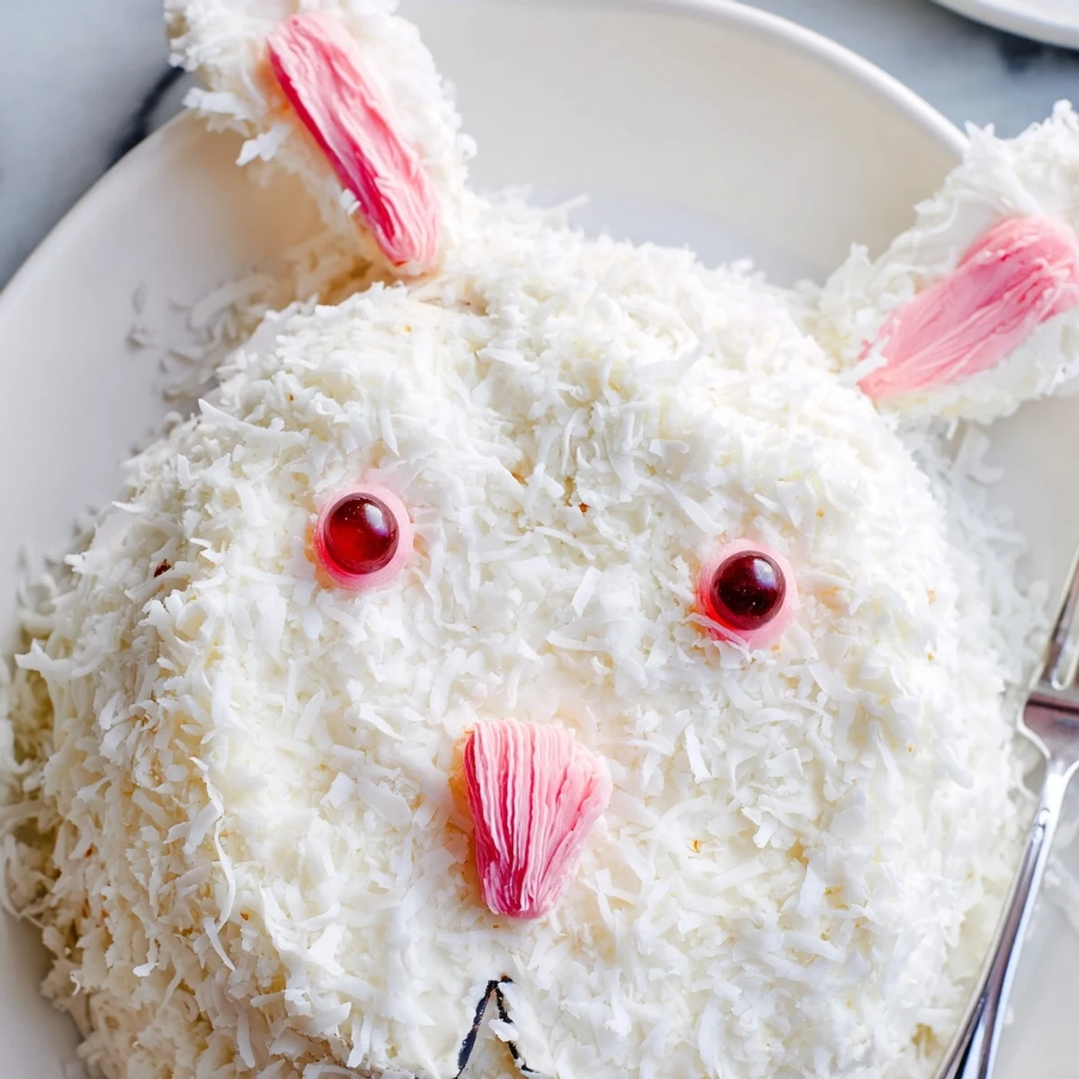 Adorable bunny cake covered in fluffy white coconut with pink candy details and bow tie arrangement