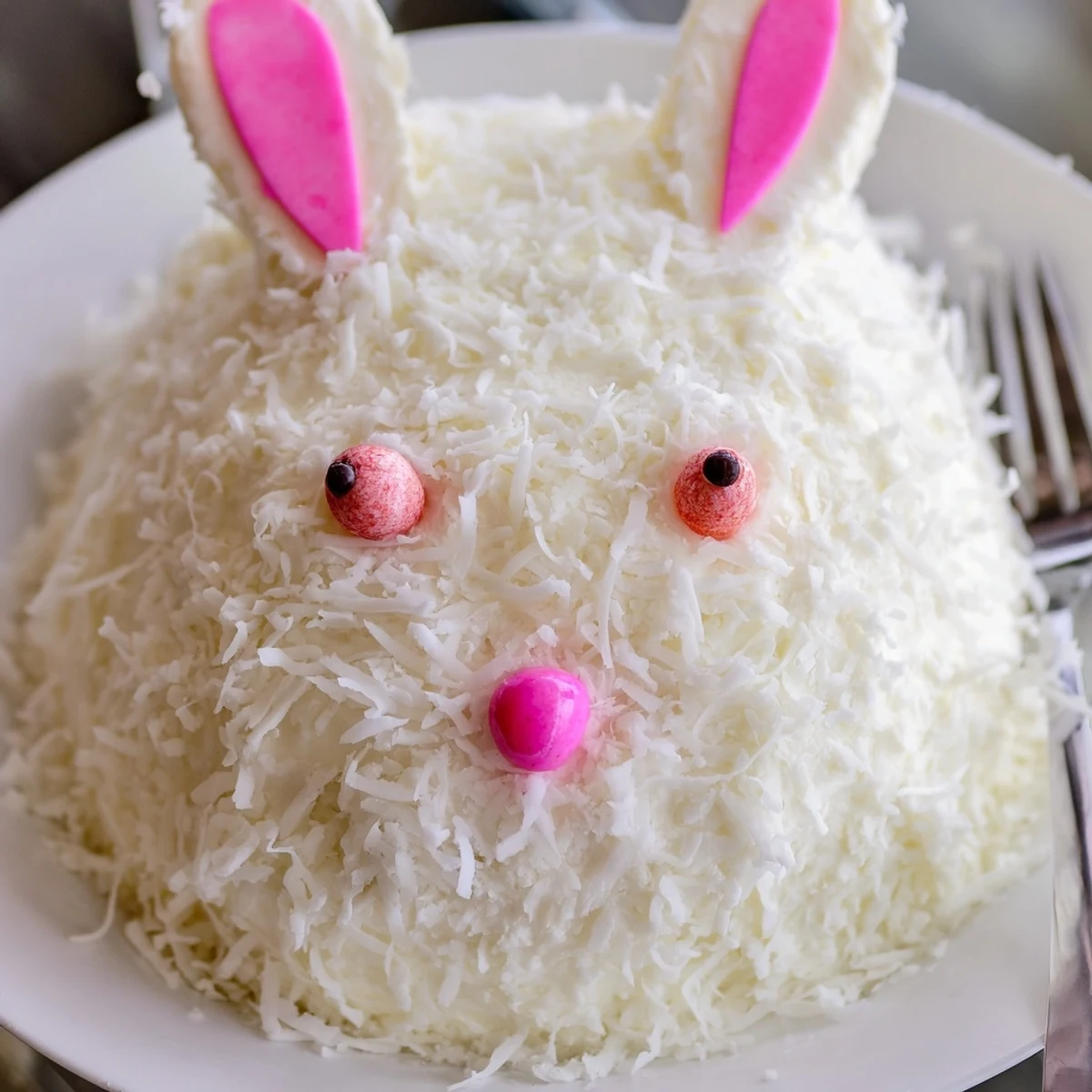 Whimsical Easter bunny cake featuring vanilla layers, buttercream frosting, and coconut fur with fondant ears