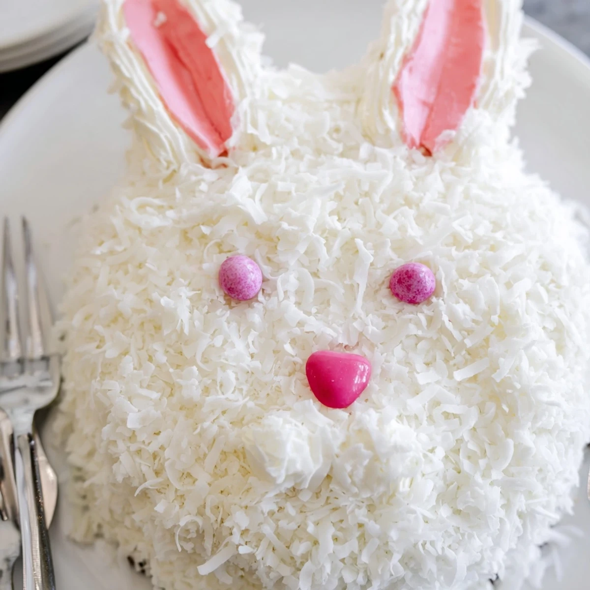 Festive spring bunny cake shaped with round layers, coated in buttercream and shredded coconut for furry texture