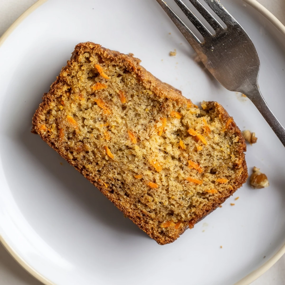 Thick slice of spiced carrot cake banana bread topped with cream cheese frosting and chopped pecans on a white ceramic plate