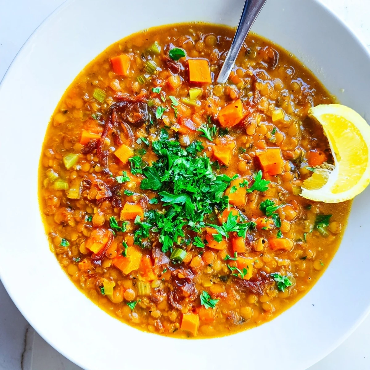 Golden brown caramelized onion red lentil soup served with crusty bread for dipping