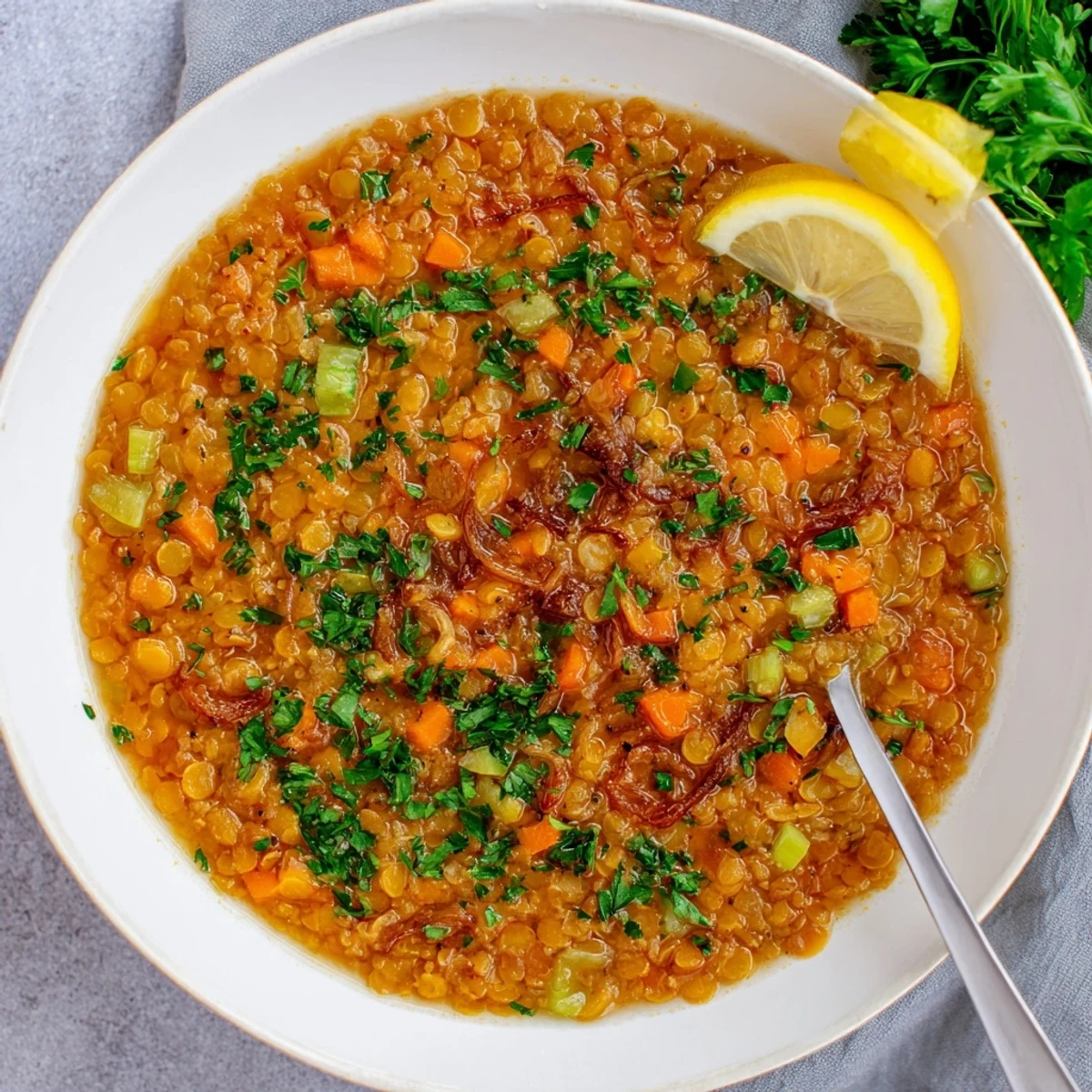 Creamy caramelized onion red lentil soup garnished with fresh parsley in a white bowl