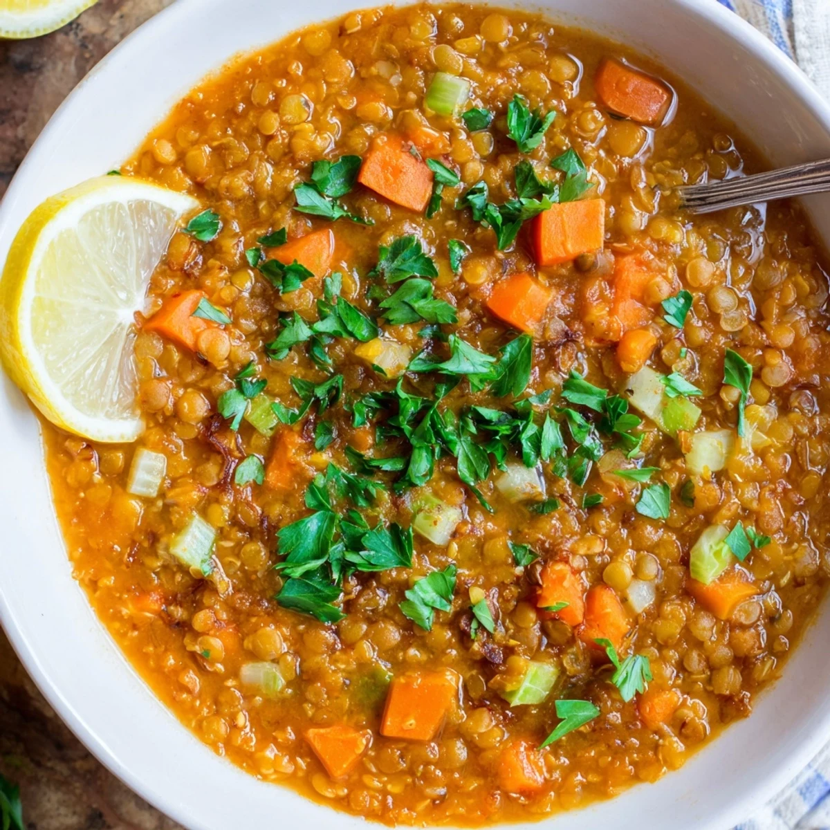 Steaming bowl of spiced caramelized onion red lentil soup topped with lemon wedges