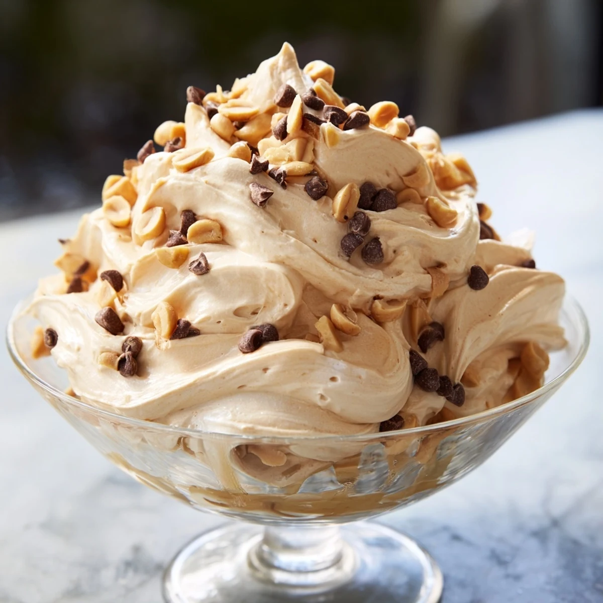 Creamy peanut butter mousse topped with chopped roasted peanuts and mini chocolate chips in serving glasses
