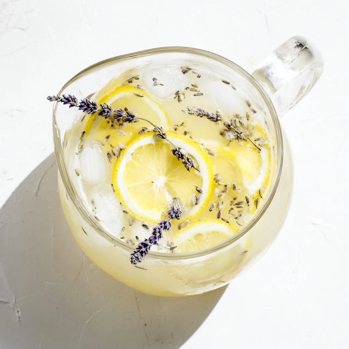 Glass pitcher of lavender lemonade garnished with fresh lemon slices and purple sprigs