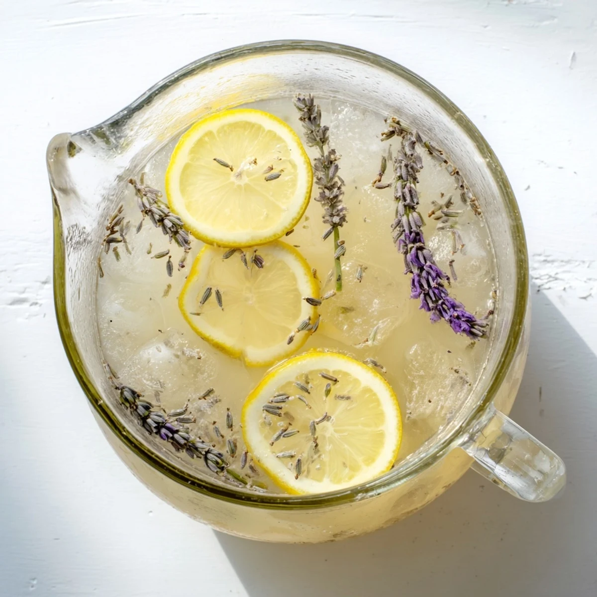 Refreshing lavender lemonade served over ice in a clear glass with citrus wedges