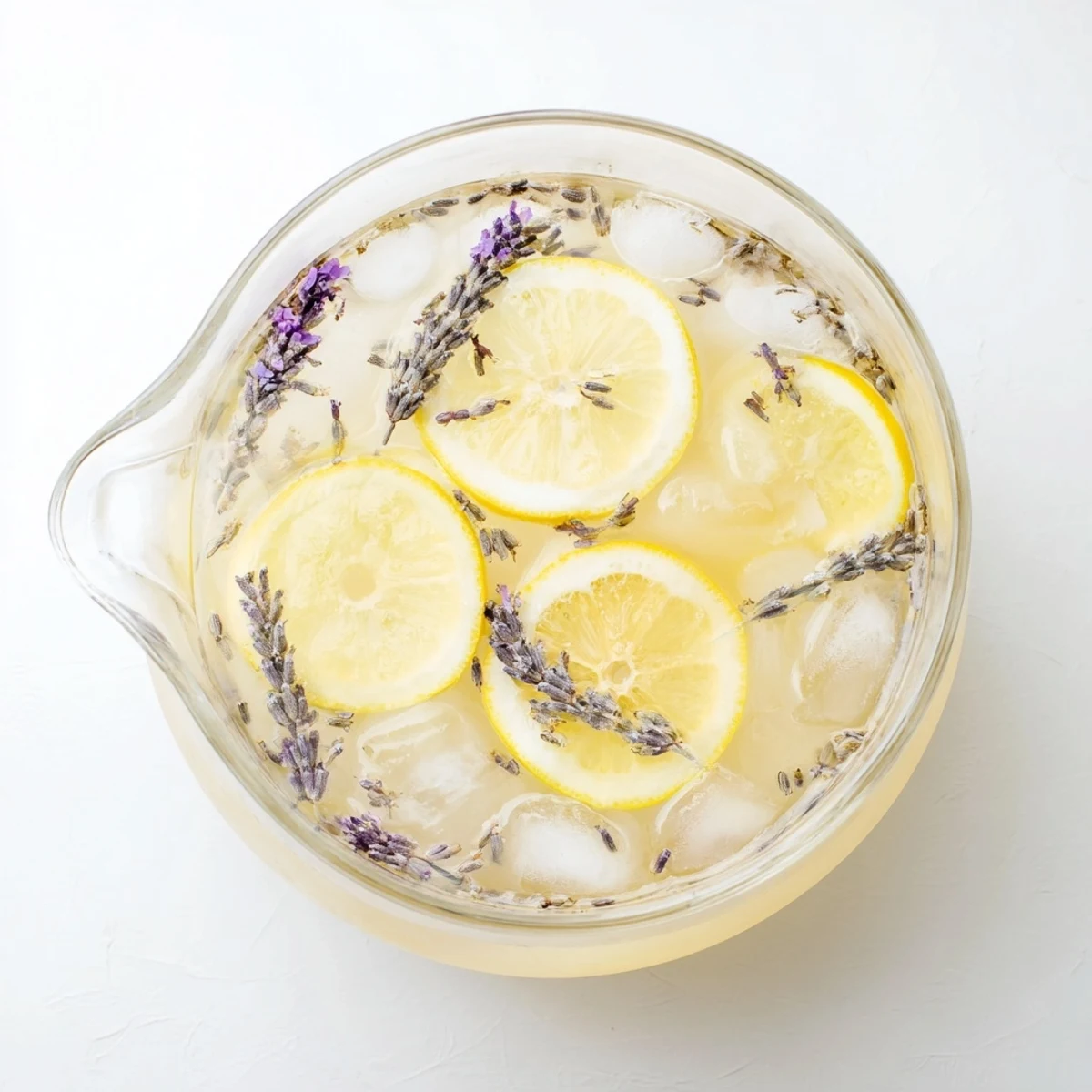 Golden lavender lemonade in a mason jar with floating lavender buds and ice