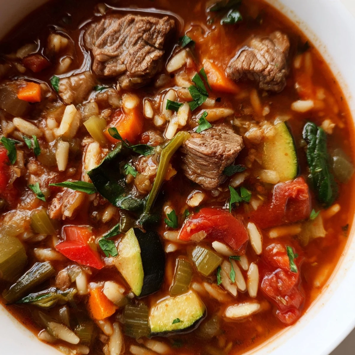 Hearty beef and orzo soup brimming with tender meat and colorful vegetables in savory broth