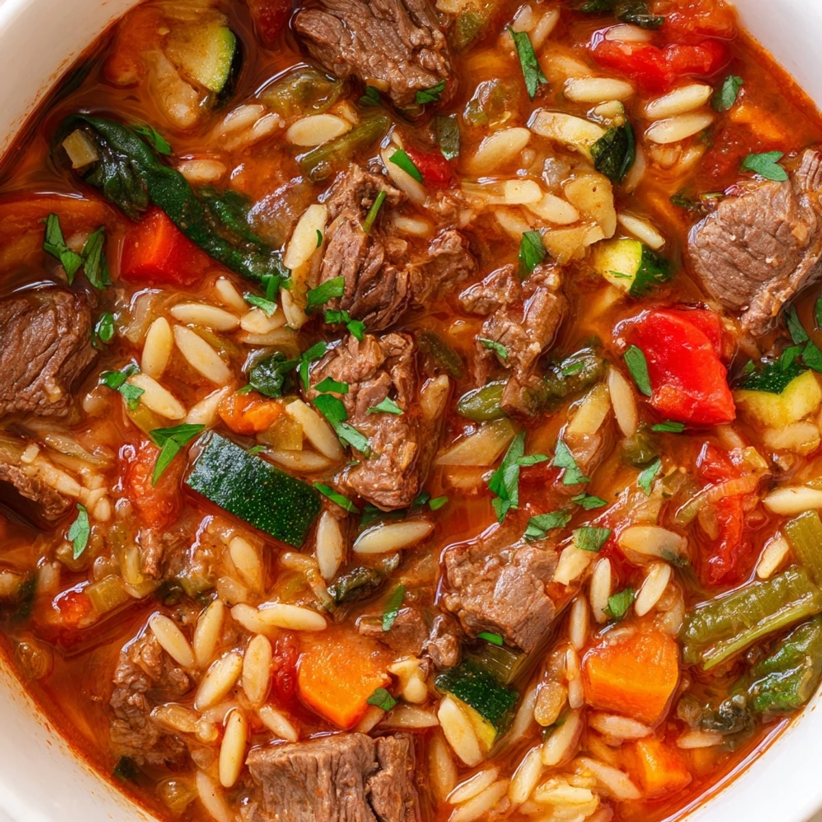 Warm bowl of hearty beef and orzo soup garnished with fresh parsley and vegetables