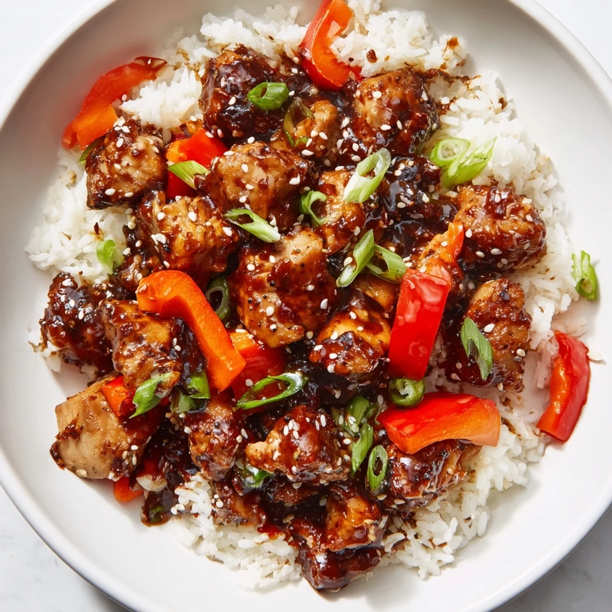 One Pan Korean BBQ Chicken and Rice topped with sesame seeds in a cast iron skillet