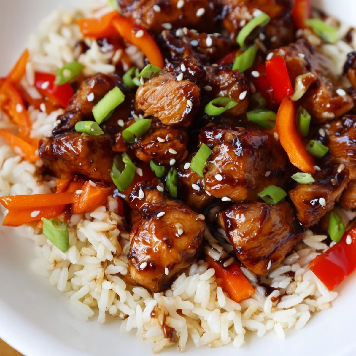 Caramelized One Pan Korean BBQ Chicken and Rice with colorful bell peppers and carrots