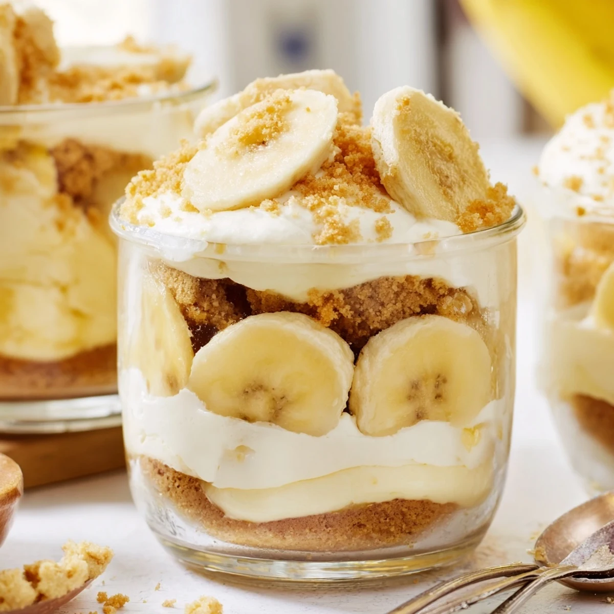 Creamy no bake banana pudding cheesecake cups topped with fresh banana slices and crunchy vanilla wafer crumbs