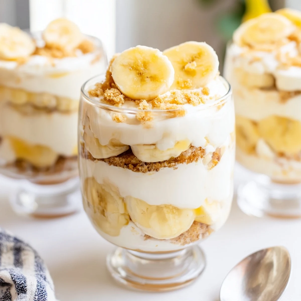 Individual no bake banana pudding cheesecake cups with layered filling, sliced bananas, and whipped cream topping