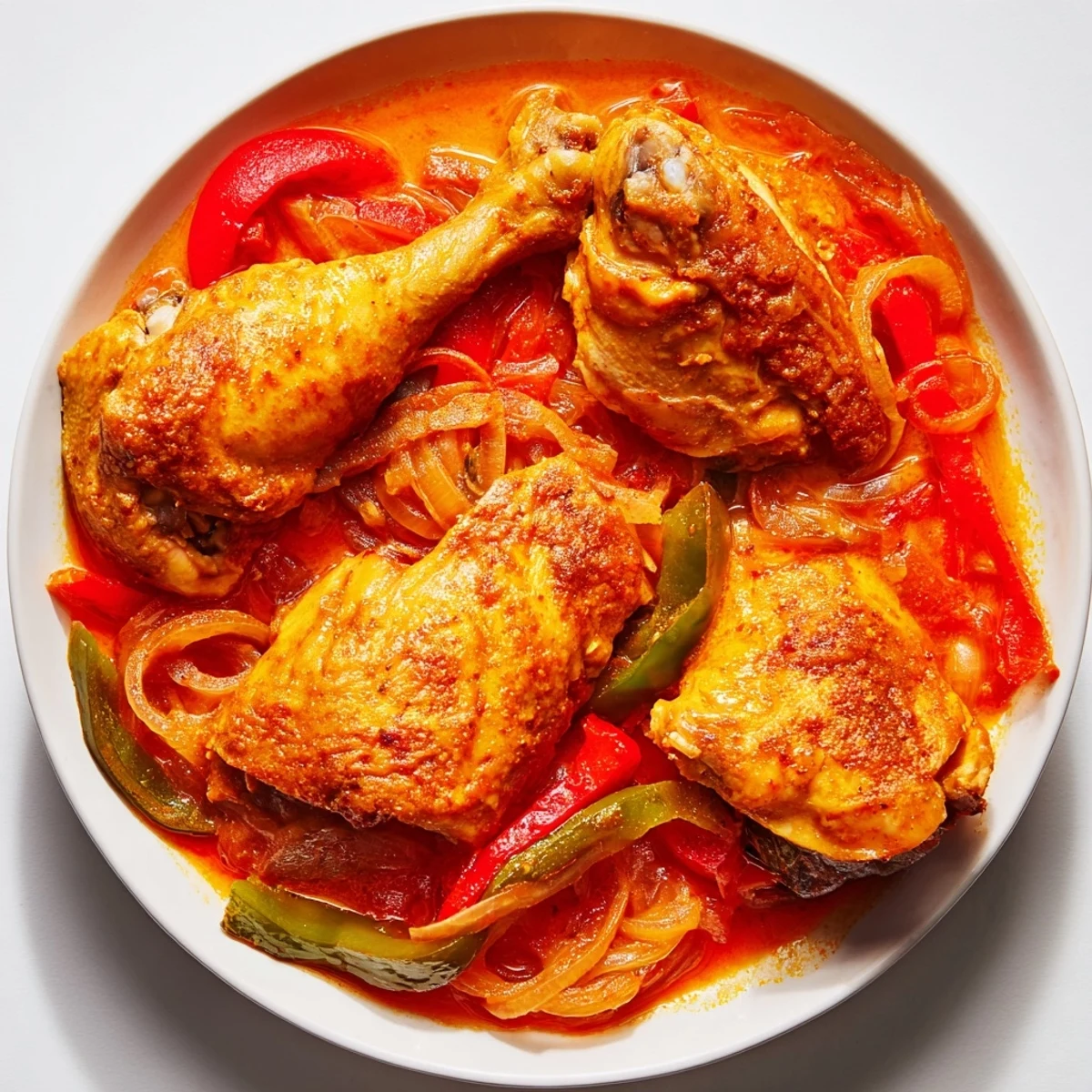 Senegalese Chicken simmered in rich tomato sauce with colorful bell peppers