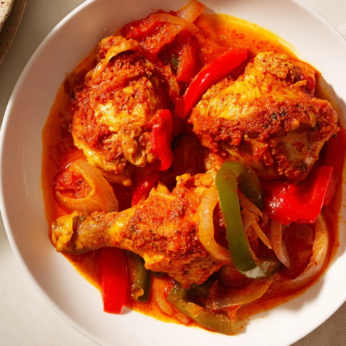 Tender Senegalese Chicken served over fluffy white rice with aromatic sauce