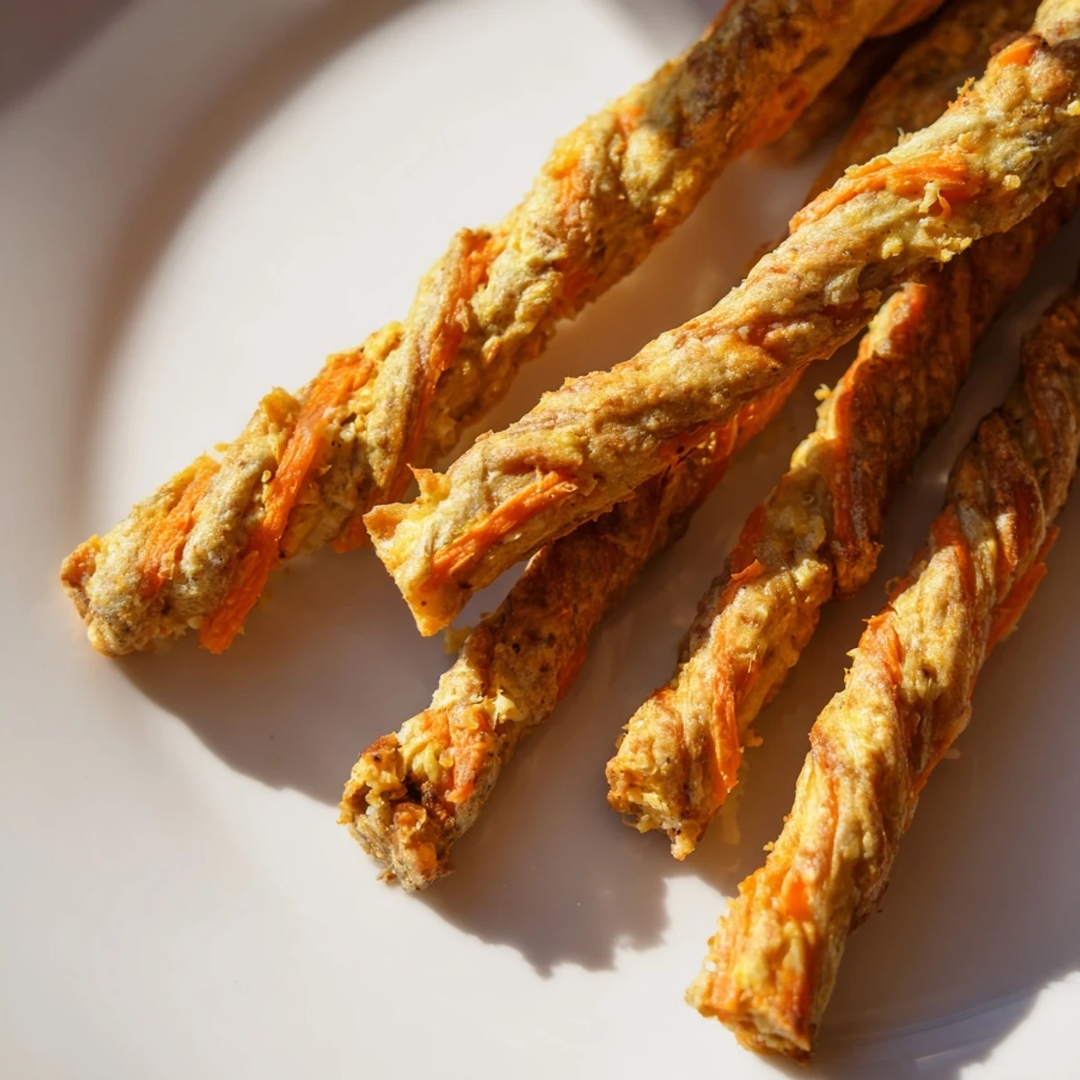 Golden brown apple and carrot dog chew sticks arranged on parchment paper
