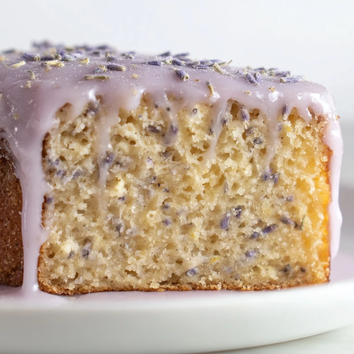 Lavender cake with lemon glaze drizzled over a tender golden crumb