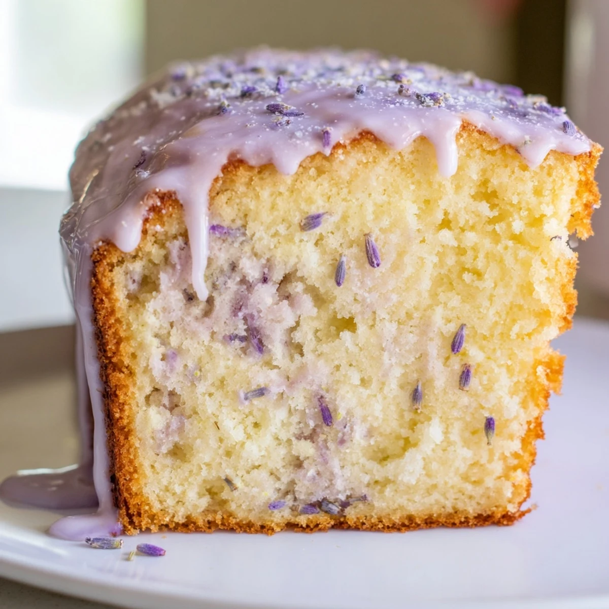Slice of lavender cake topped with purple buds on white plate